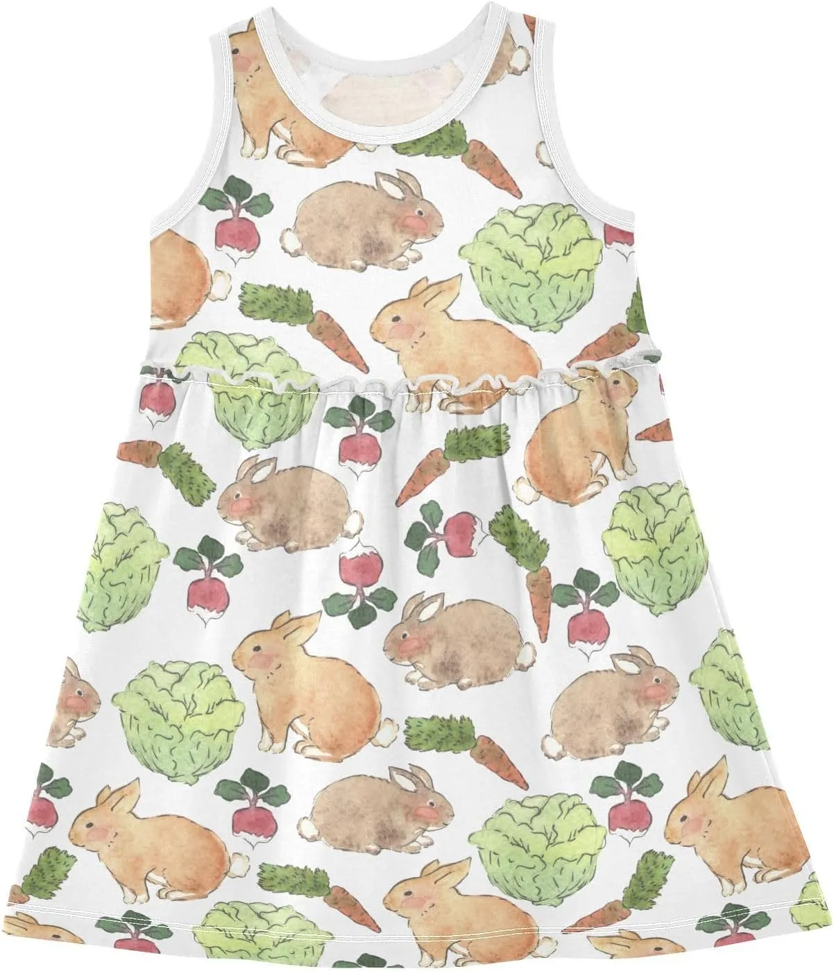 Girl Sleeveless Dress Summer Tank Play Dress Outfit Watercolor Lovely Rabbit Cabbage Vegetable 2T-8T