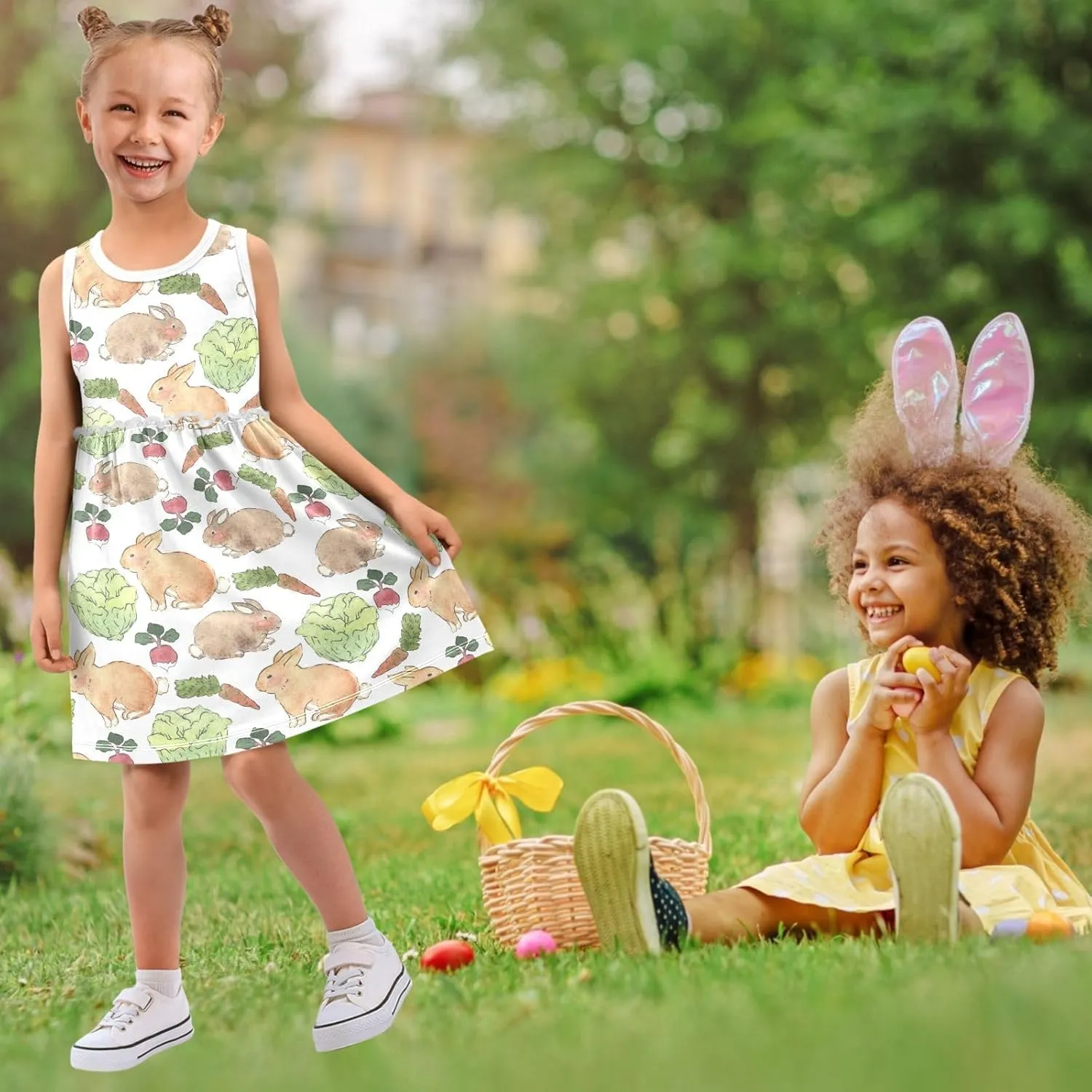 Girl Sleeveless Dress Summer Tank Play Dress Outfit Watercolor Lovely Rabbit Cabbage Vegetable 2T-8T