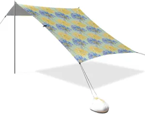 Glass-Like Blue Yellow Flowers Beach Cabana UPF50  Waterproof Sun Shelter with Sand Shovel for Family Trips, Picnics & Camping