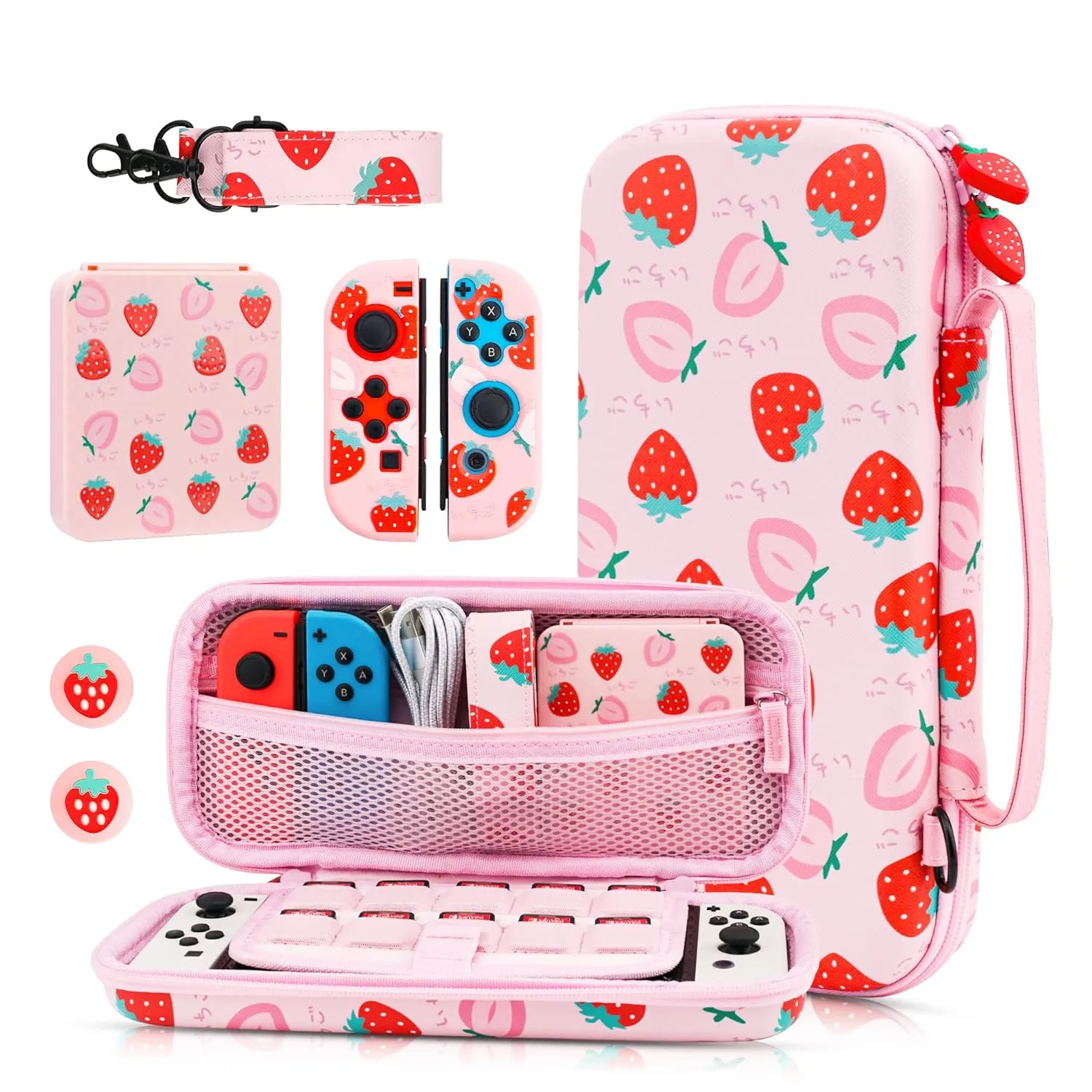 GLDRAM Strawberry Carrying Case for Nintendo Switch & OLED, Pink Accessories Bundle with Portable Switch Travel Bag, 2 TPU Joycon Cover, Cute Switch Card Case, Shoulder Strap & 2 Thumb Caps for Girls