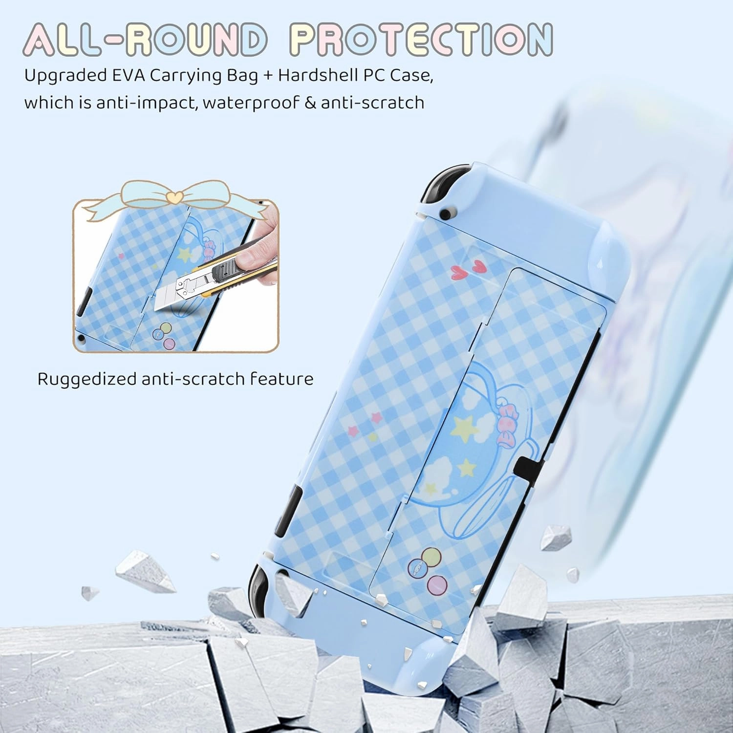 GLDRAM Blue Carrying Case for Nintendo Switch OLED, Cute Cartoon Dog Switch OLED Accessories with Shockproof Travel Bag, PC Plaid Protective Cover, Screen Protector, Shoulder Strap & 2 Thumb Caps