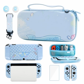 GLDRAM Blue Carrying Case for Nintendo Switch OLED, Cute Cartoon Dog Switch OLED Accessories with Shockproof Travel Bag, PC Plaid Protective Cover, Screen Protector, Shoulder Strap & 2 Thumb Caps