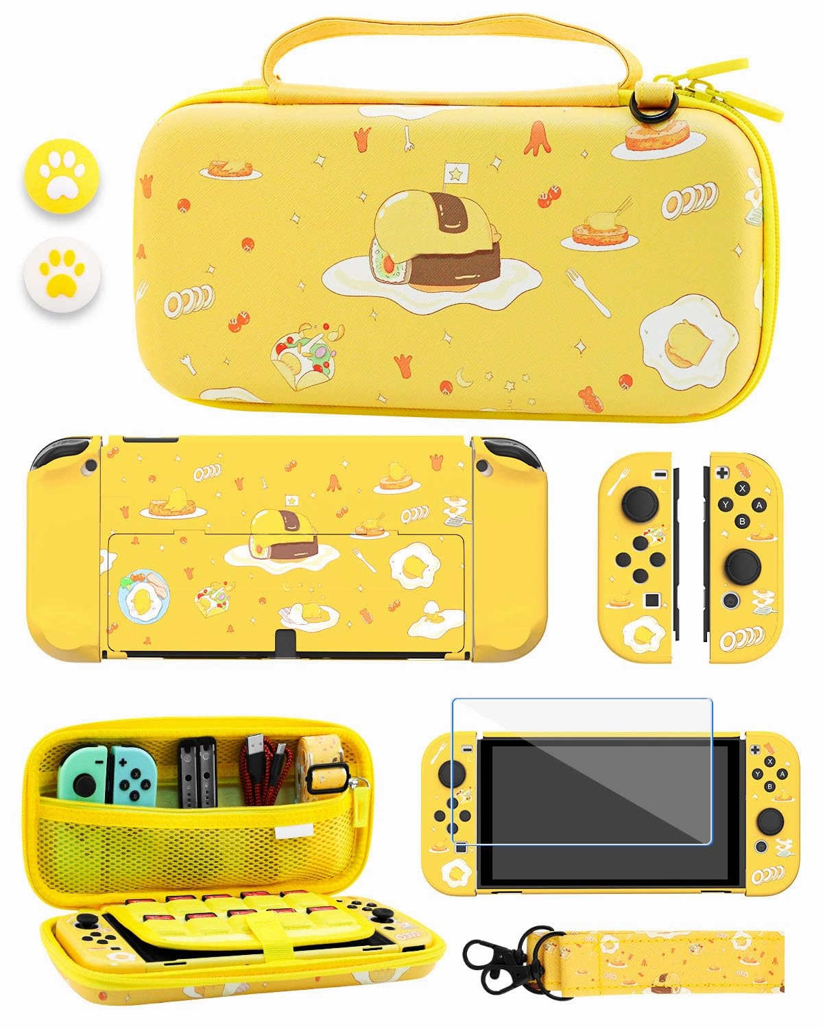 GLDRAM Yellow Carrying Case for Nintendo Switch OLED, Cute Cartoon Yolk Accessories Bundle with Travel Storage Bag, PC Protective Skin Cover, Screen Protector, Adjustable Shoulder Strap & Thumb Caps