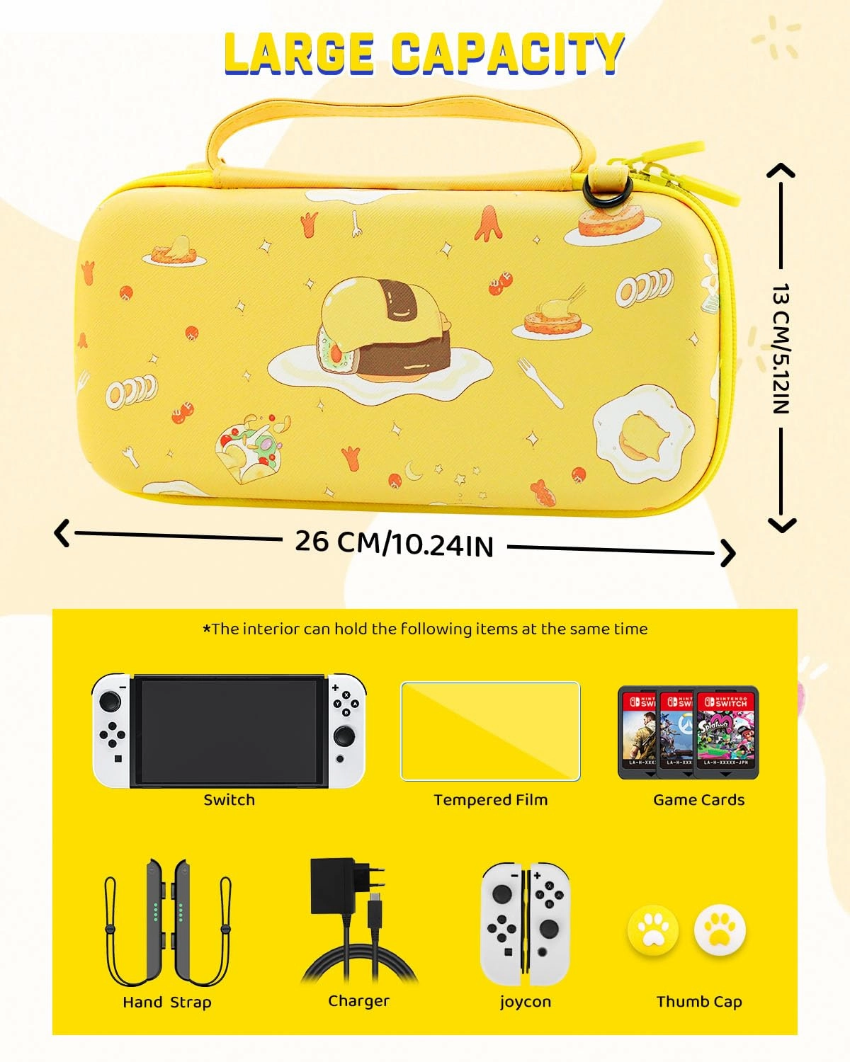 GLDRAM Yellow Carrying Case for Nintendo Switch OLED, Cute Cartoon Yolk Accessories Bundle with Travel Storage Bag, PC Protective Skin Cover, Screen Protector, Adjustable Shoulder Strap & Thumb Caps