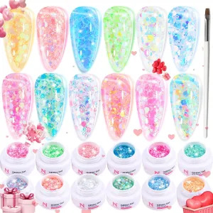 Glitter Gel Nail Polish Set -12 Colors Sparkle Sequins Gel Polish Resplendent Colorful Trendy Translucent Glitter Solid Gel Nail Polish Kit Soak Off UV LED for Home DIY Salon with Brush