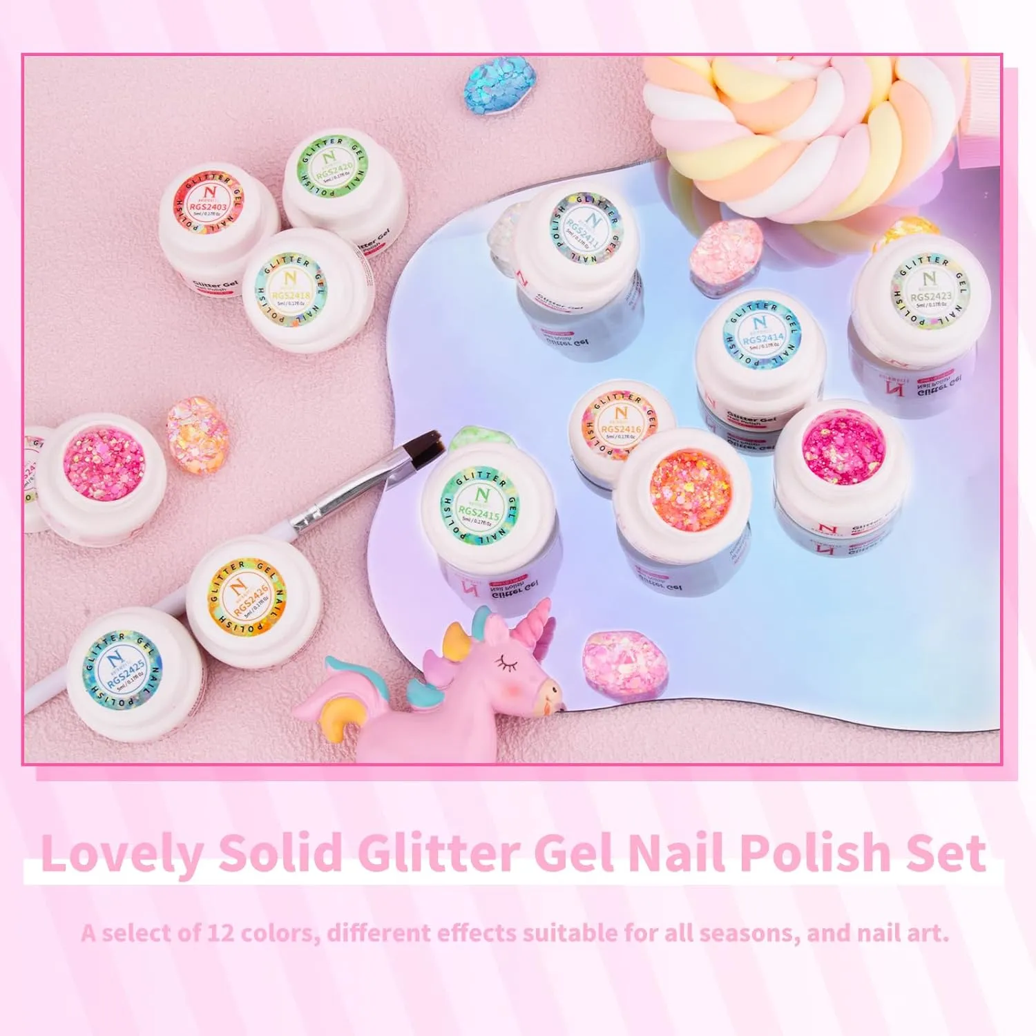 Glitter Gel Nail Polish Set -12 Colors Sparkle Sequins Gel Polish Resplendent Colorful Trendy Translucent Glitter Solid Gel Nail Polish Kit Soak Off UV LED for Home DIY Salon with Brush