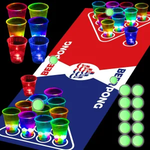 Glowing Pong Table Mat Set Party Beverage Pong Game for Indoor Outdoor Party Event Fun, Pack with Flashing Cups Glow Pongs for House Parties Birthdays Concerts Weddings, 71 x 23inch