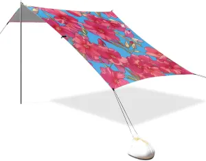 Glowing Red Phlox Flowers Foldable Beach Canopy UPF50 Waterproof Shade Sun Shelter with Sandbags, Sand Shovel, Poles for Camping, Picnics, Backyard & Fishing