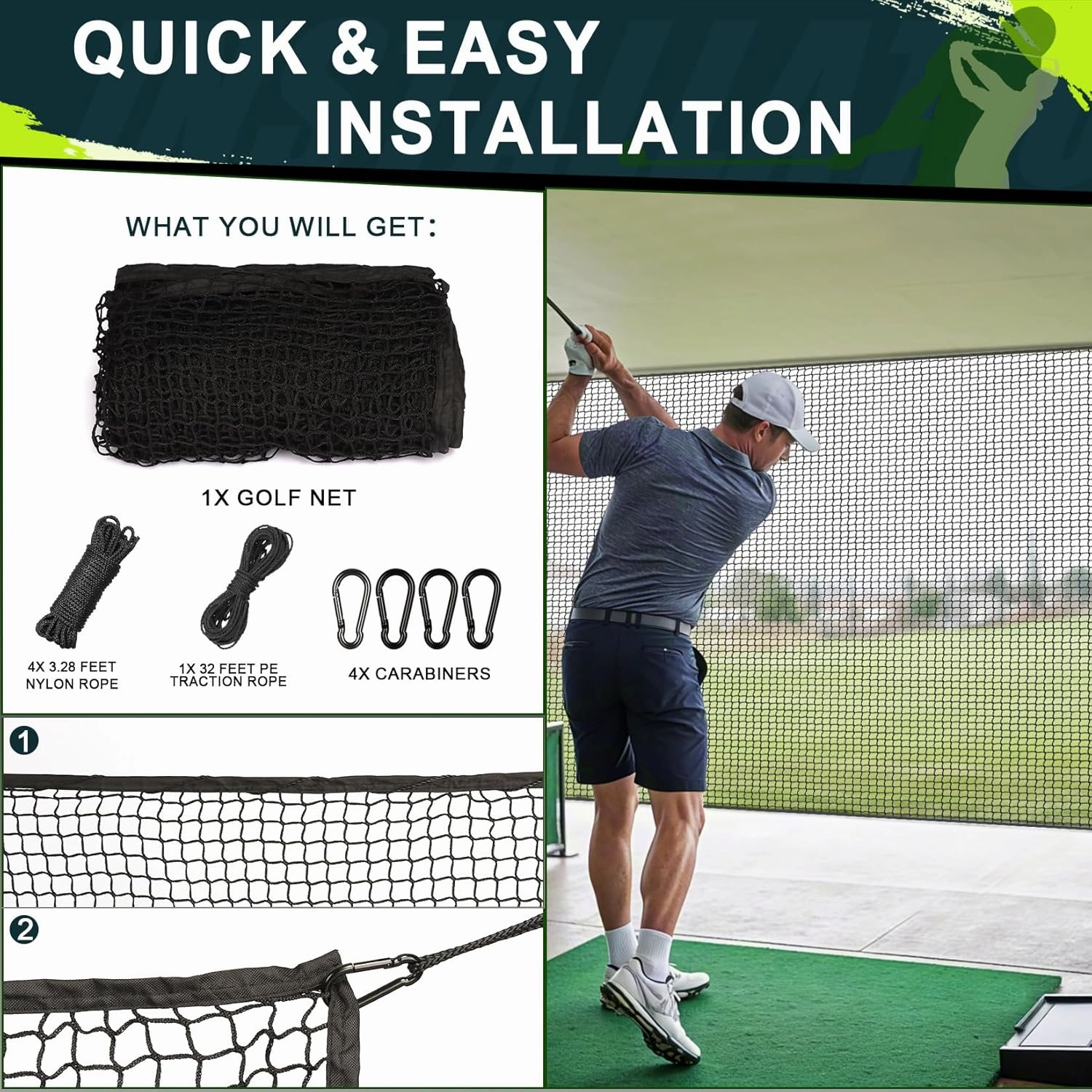 Golf Netting 7Ft,10Ft,15Ft,20Ft Golf Practice Net for Garage, Sport Practice Barrier Net, Heavy Duty Nylon Sport Netting Golf Hitting Net for Baseball, Hockey, Soccer, Tennis DIY Ball Net for Backyard