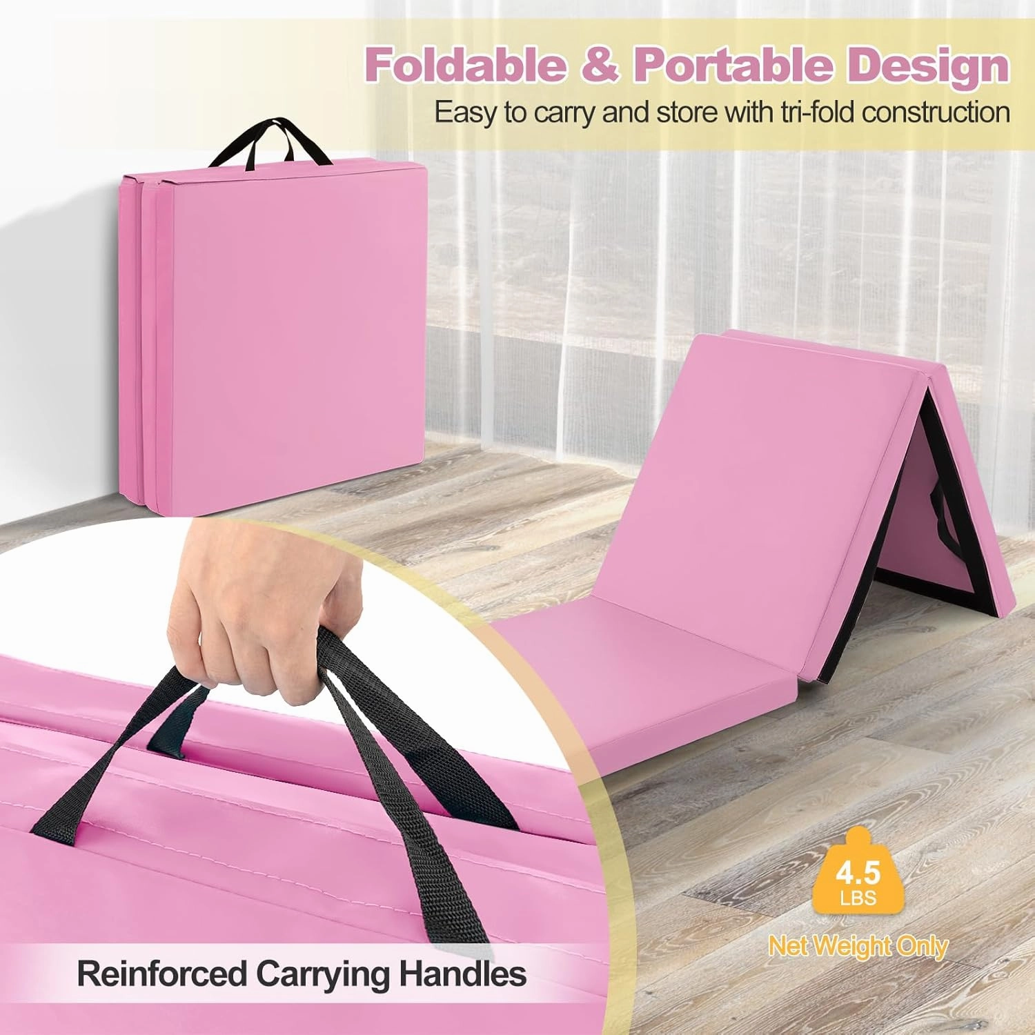 Goplus Folding Gymnastics Mat, 6’ x 2’ x 2’’ Thick Tri-Fold Exercise Tumbling Mat w/Carrying Handles, Hook & Loop Fastener, Gym mats for Home Fitness Yoga Aerobics Workouts Martial Arts