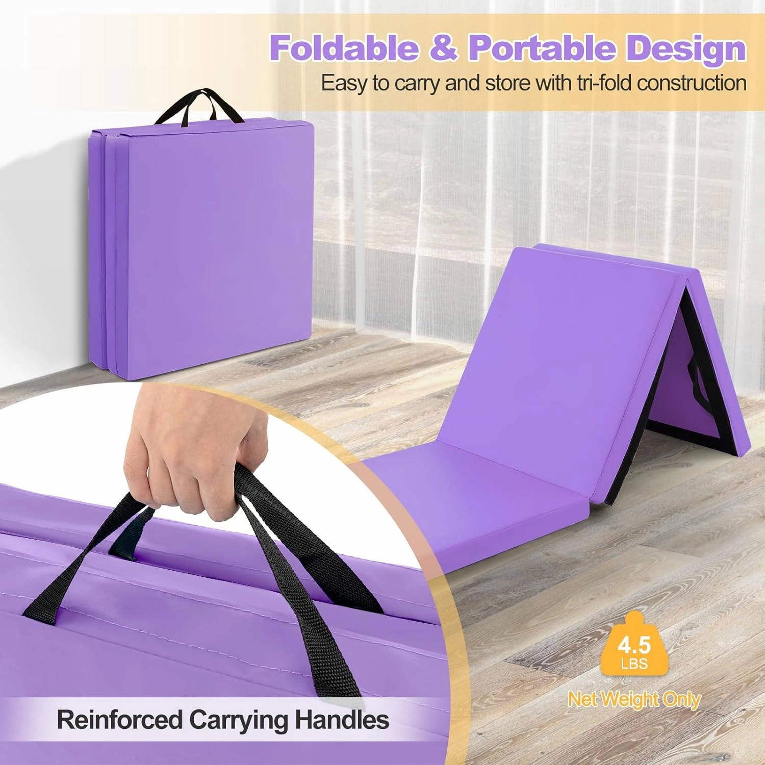 Goplus Folding Gymnastics Mat, 6’ x 2’ x 2’’ Thick Tri-Fold Exercise Tumbling Mat w/Carrying Handles, Hook & Loop Fastener, Gym mats for Home Fitness Yoga Aerobics Workouts Martial Arts