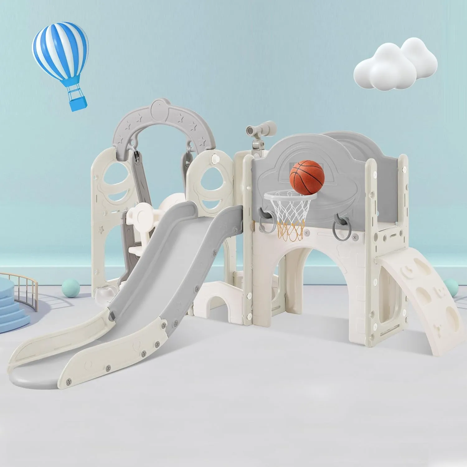 GOWE Toddler Slide and Swing Set 7 in 1, Kids Playground Climber Slide Playset with Basketball Hoop Freestanding Combination for Babies Indoor & Outdoor