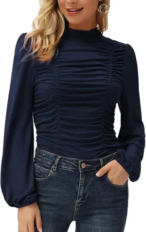 GRACE KARIN Womens Long Lantern Sleeve High-Neck Ruched Front Fitted Blouse