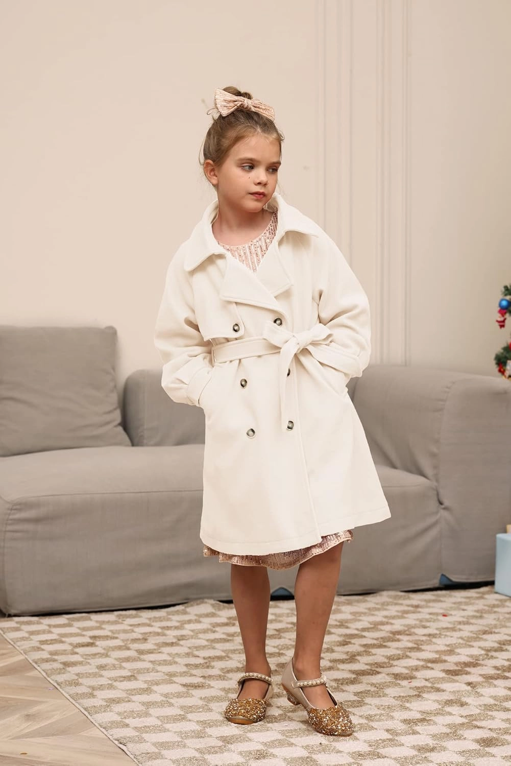 GRACE KARIN Girls Dress Coat Lapel Wool Blend Long Winter Jackets with Pockets Belt 6-14Y