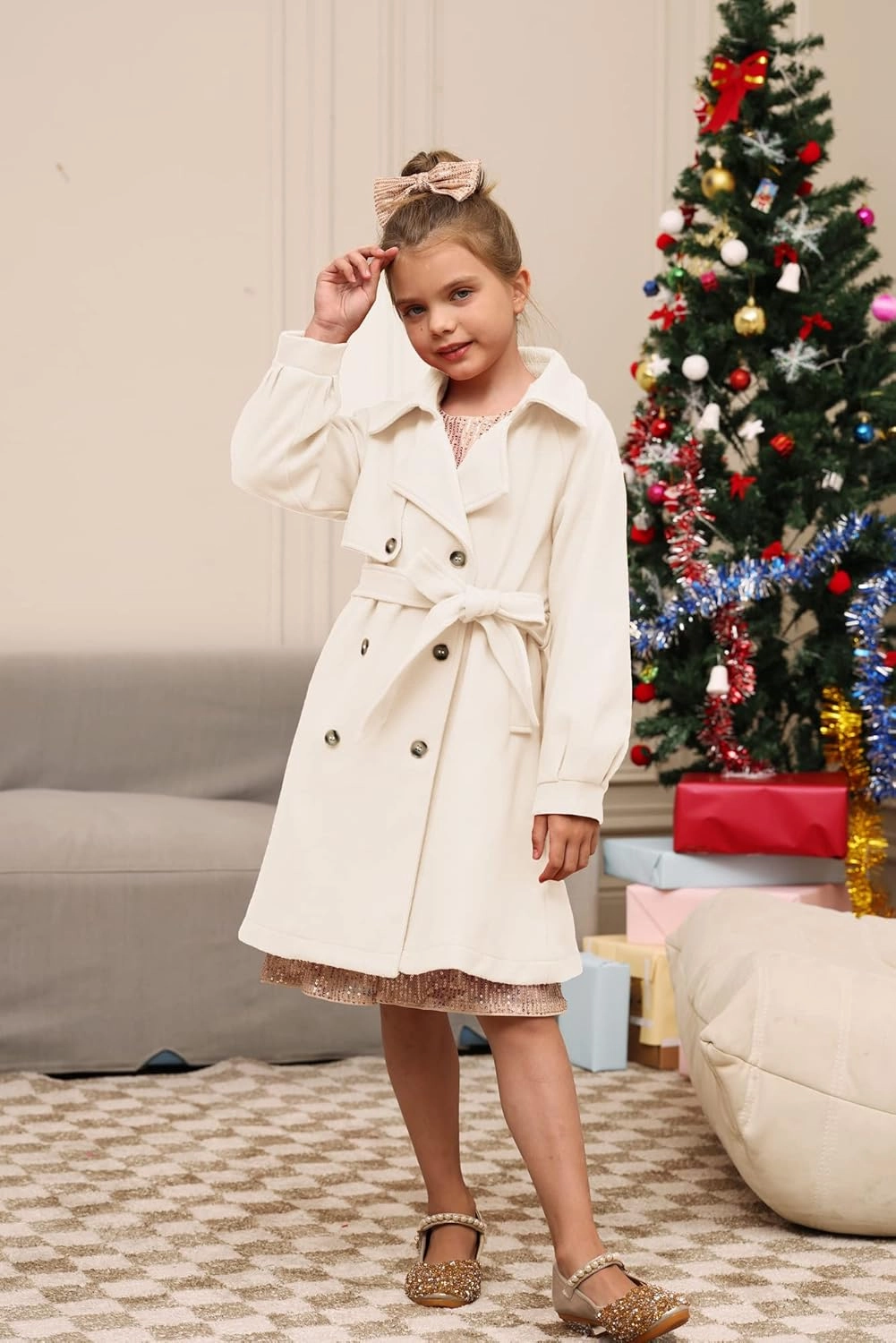 GRACE KARIN Girls Dress Coat Lapel Wool Blend Long Winter Jackets with Pockets Belt 6-14Y