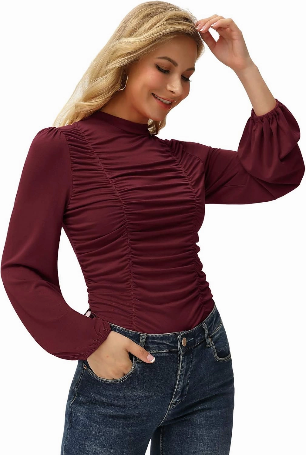 GRACE KARIN Womens Long Lantern Sleeve High-Neck Ruched Front Fitted Blouse