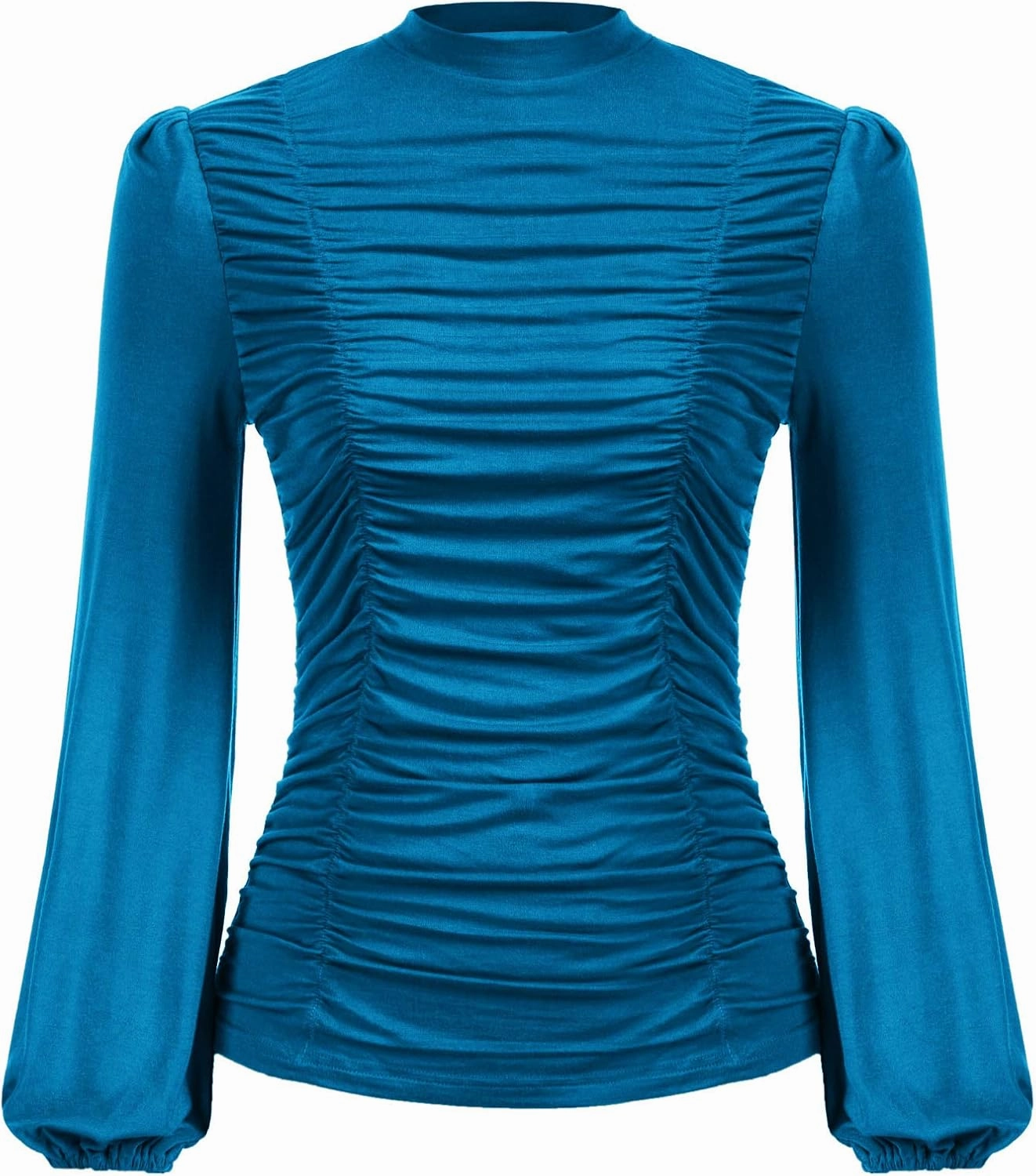 GRACE KARIN Womens Long Lantern Sleeve High-Neck Ruched Front Fitted Blouse