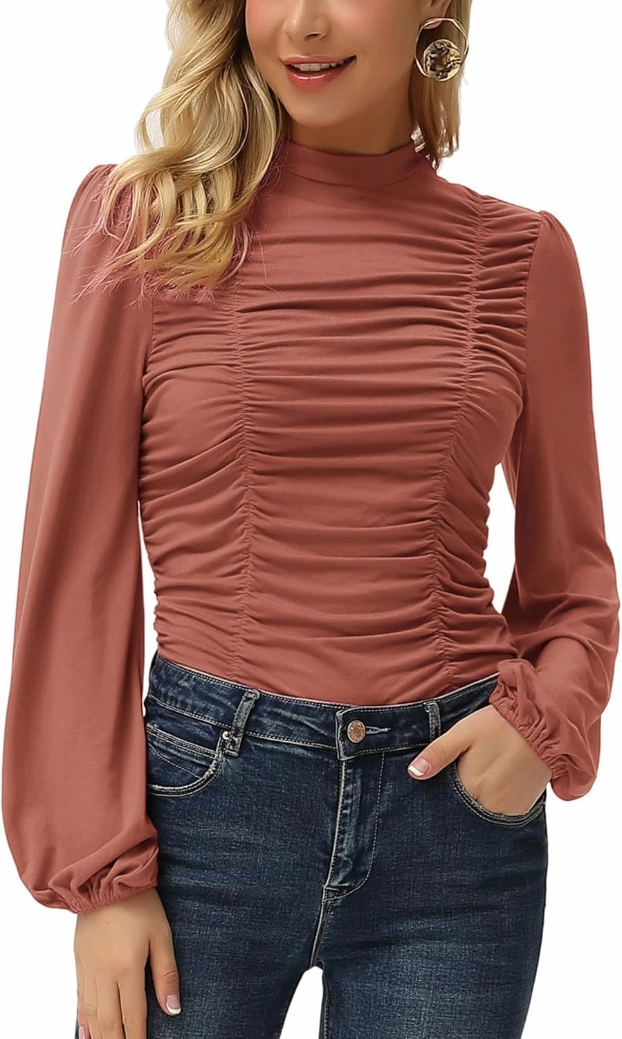 GRACE KARIN Womens Long Lantern Sleeve High-Neck Ruched Front Fitted Blouse