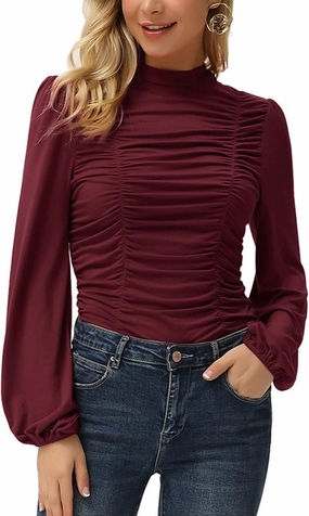 GRACE KARIN Womens Long Lantern Sleeve High-Neck Ruched Front Fitted Blouse