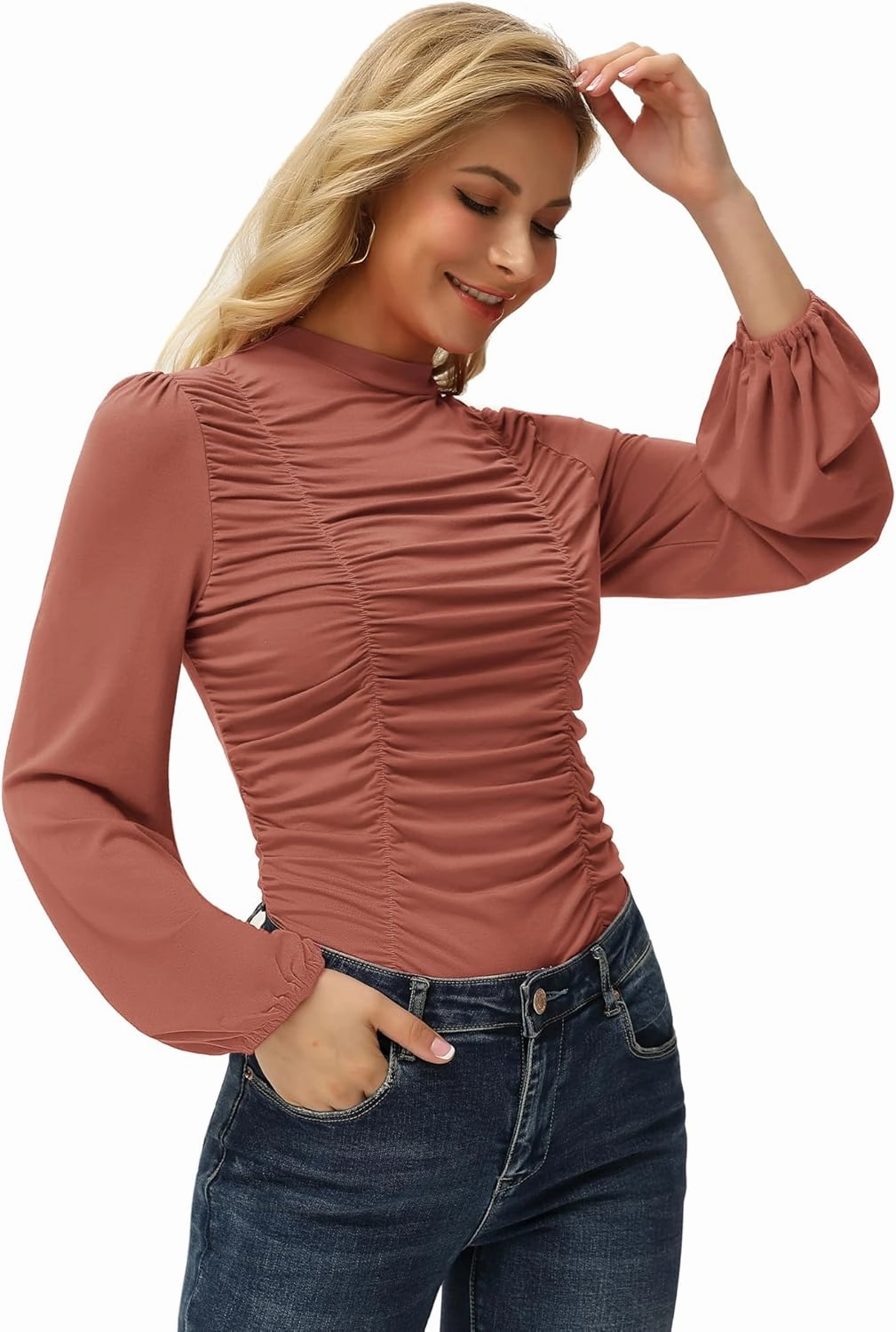 GRACE KARIN Womens Long Lantern Sleeve High-Neck Ruched Front Fitted Blouse