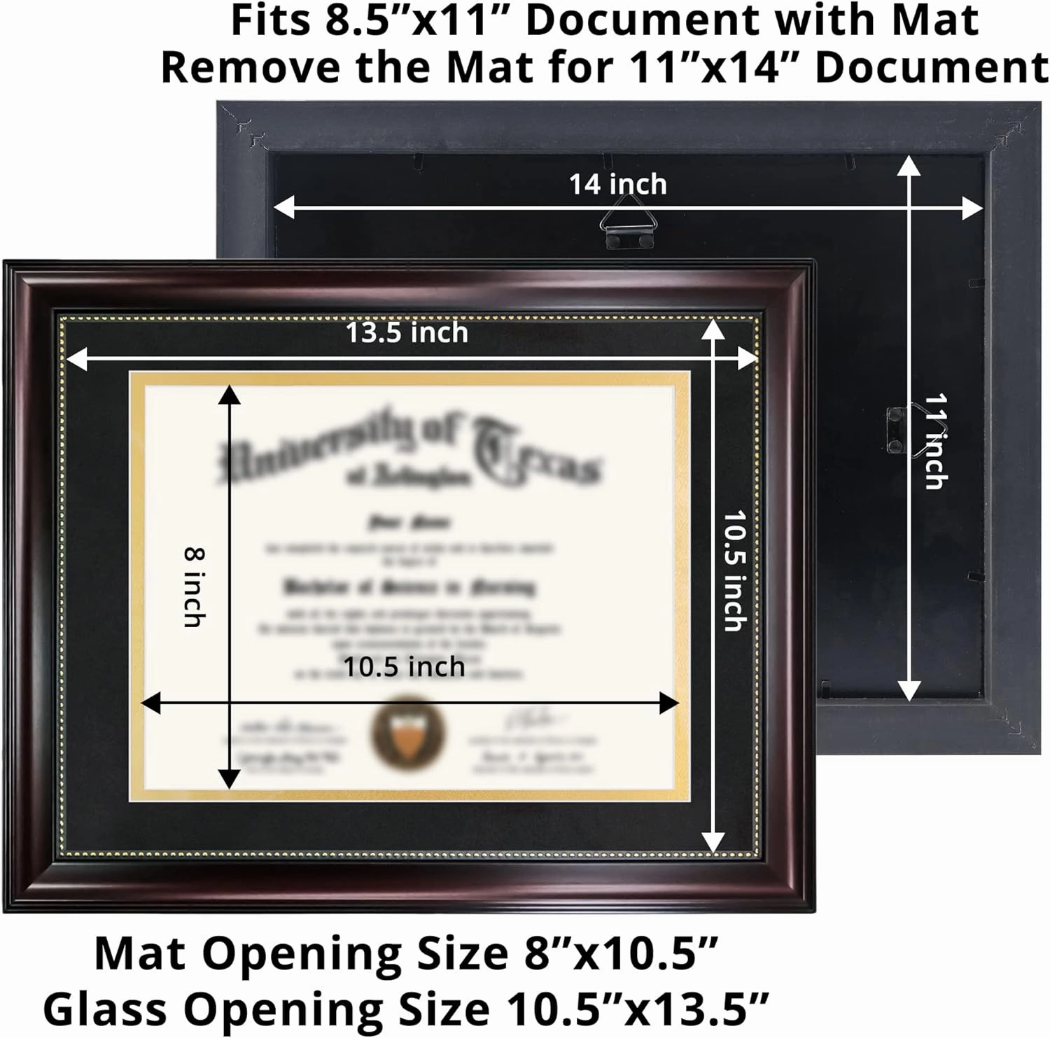 GraduationMall 8.5x11 Diploma Frame with Black over Gold Mat or Display 11x14 Document without Mat, UV Protection Acrylic, Mahogany with Gold Beads
