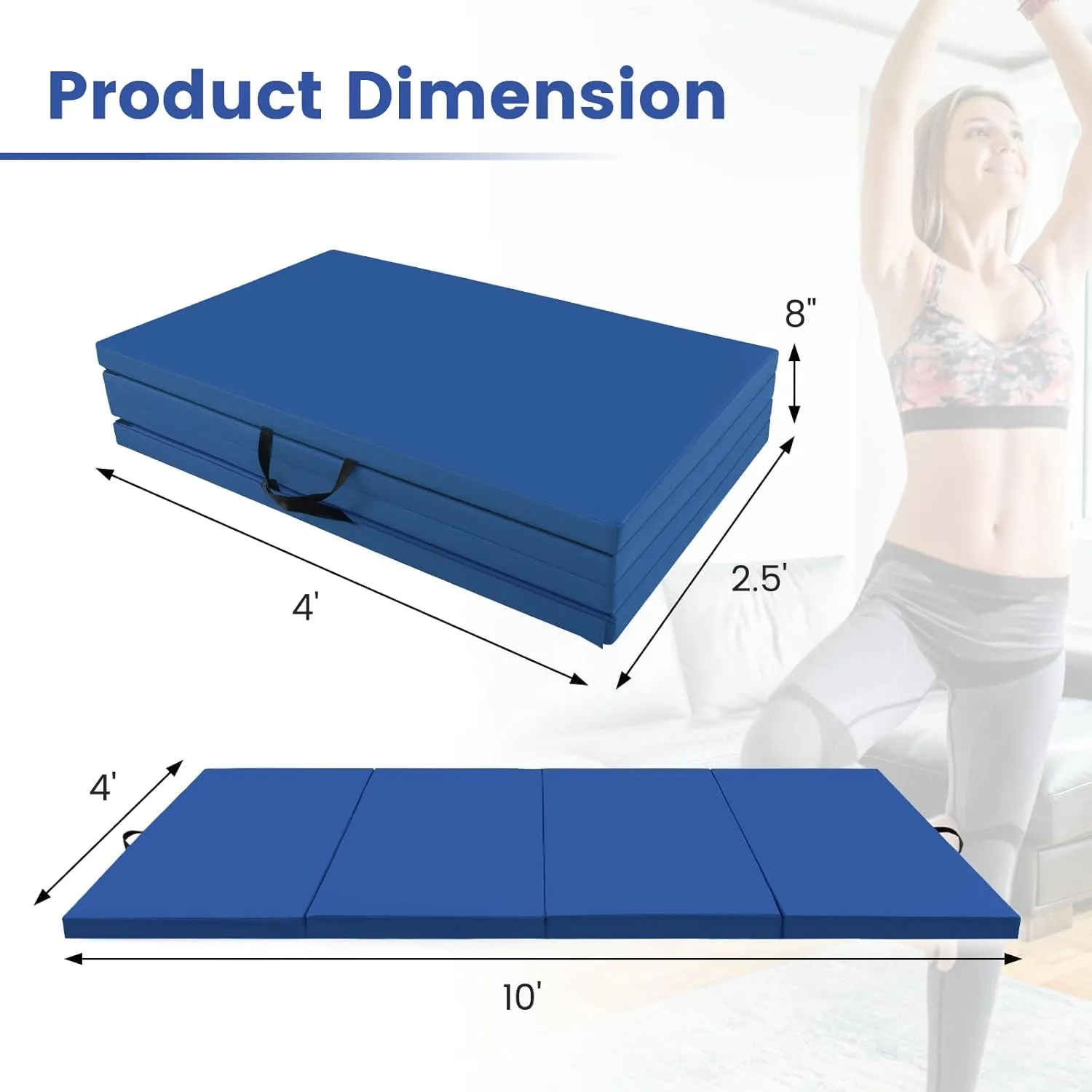 GYMAX Gymnastics Mat, 4 FT x 10 FT x 2 Inches Folding Exercise Mat w/Carrying Handles, Hook & Loop Fasteners, Tumbling Mat Waterproof for Yoga, Stretching, Home Gym