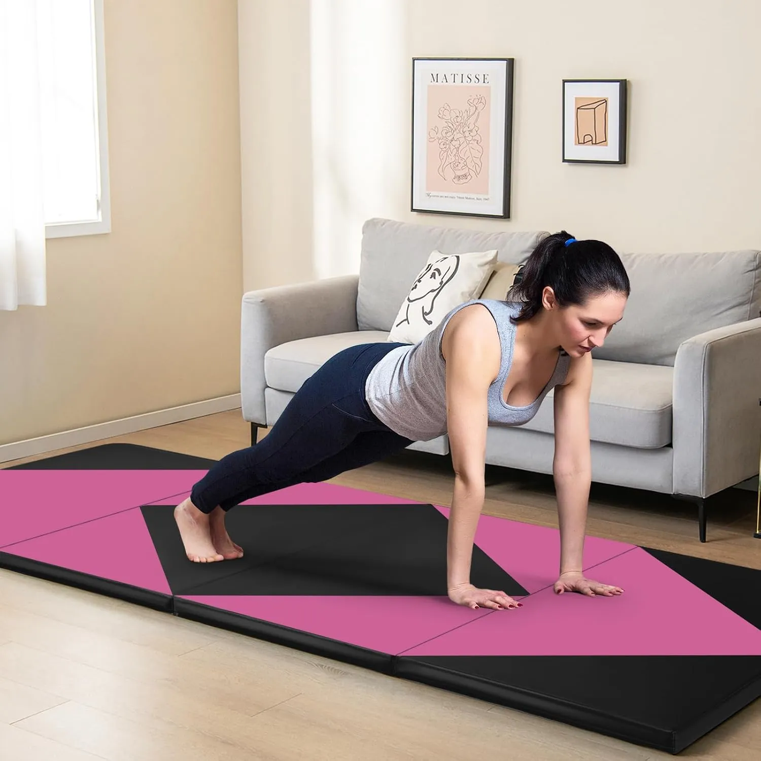 GYMAX Gymnastics Mat, 4 FT x 10 FT x 2 Inches Folding Exercise Mat w/Carrying Handles, Hook & Loop Fasteners, Tumbling Mat Waterproof for Yoga, Stretching, Home Gym