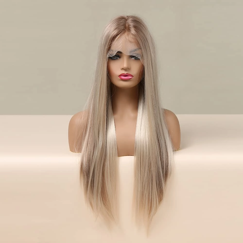 HAIRCUBE Highlights Blonde Lace Front Wig Long Straight Synthetic Wig Natural Hairline Blonde Wigs for Women