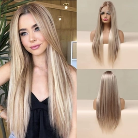 HAIRCUBE Highlights Blonde Lace Front Wig Long Straight Synthetic Wig Natural Hairline Blonde Wigs for Women