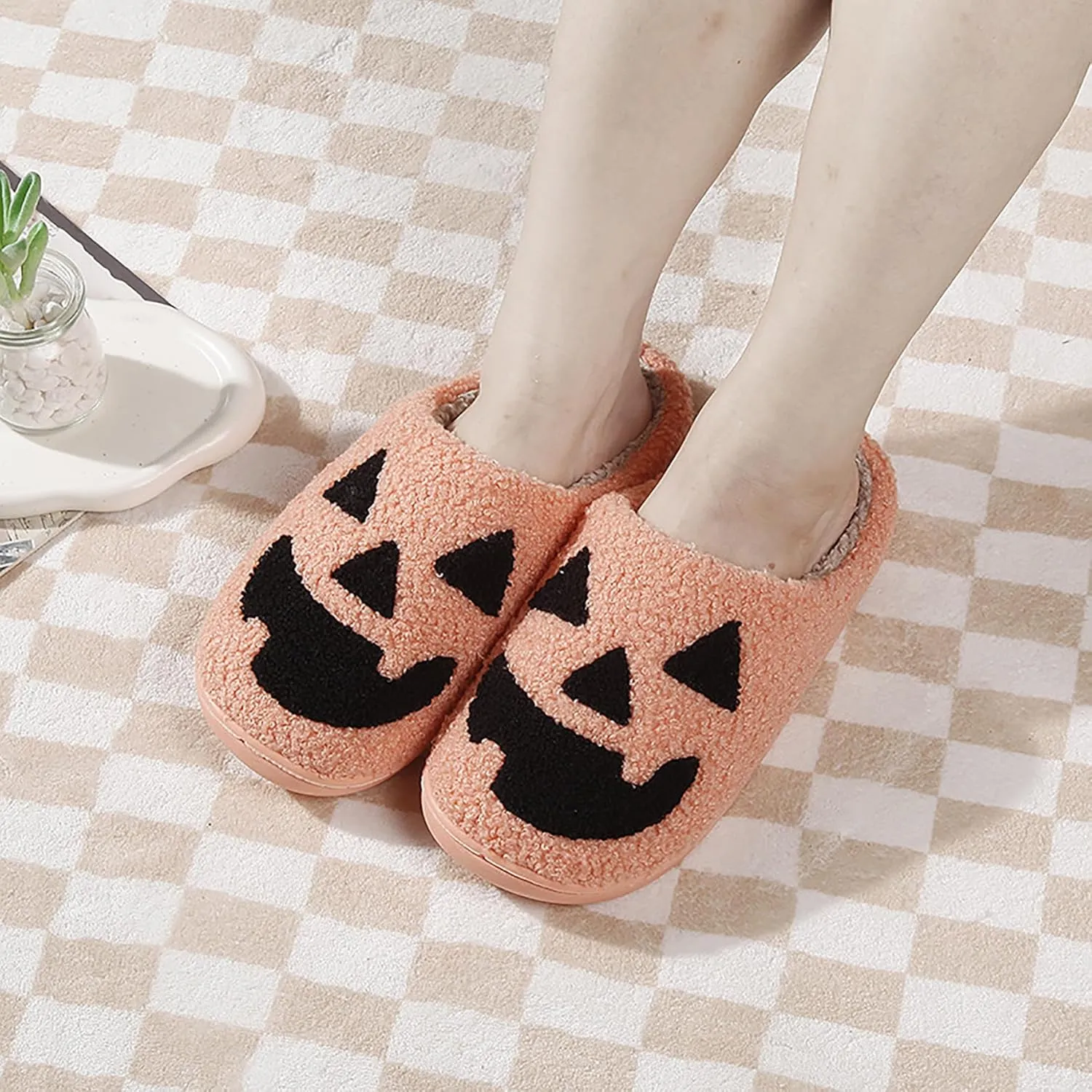 Halloween Pumpkin Slippers for Womens Mens Plush Warm Spooky Lantern Pumpkin Slippers House Shoes