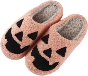 Halloween Pumpkin Slippers for Womens Mens Plush Warm Spooky Lantern Pumpkin Slippers House Shoes