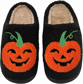 Halloween Pumpkin Slippers for Womens Mens Plush Warm Spooky Lantern Pumpkin Slippers House Shoes