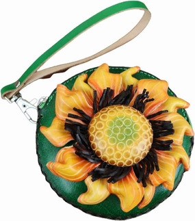 Handmade Vegetable Tanned Cowhide Sunflower Coin Purse Key Coin Card Lipstick Headphone Storage Clutch Mini Flower Round Bag