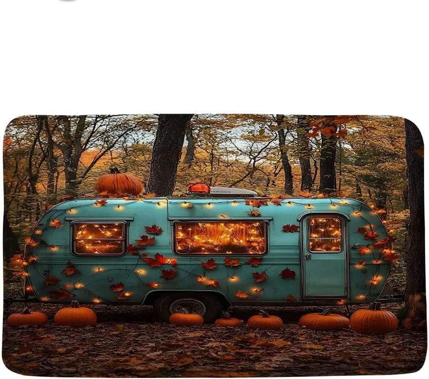 Happy Fall Camper Bath Mat Rustic Autumn Pumpkin Tree Mountain Adventure Tent Camping Travel Trailer Bathroom Rug Microfiber Memory Foam Shower Mat Kitchen Bath Floor Rugs, 24x35 Inch