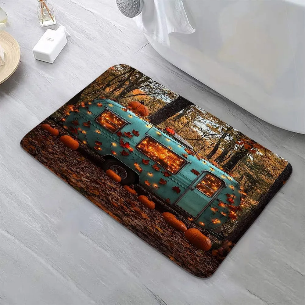 Happy Fall Camper Bath Mat Rustic Autumn Pumpkin Tree Mountain Adventure Tent Camping Travel Trailer Bathroom Rug Microfiber Memory Foam Shower Mat Kitchen Bath Floor Rugs, 24x35 Inch