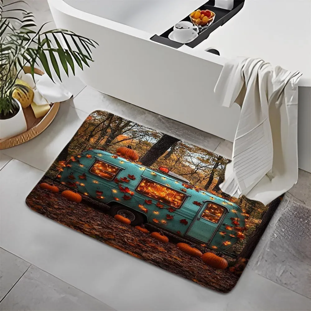 Happy Fall Camper Bath Mat Rustic Autumn Pumpkin Tree Mountain Adventure Tent Camping Travel Trailer Bathroom Rug Microfiber Memory Foam Shower Mat Kitchen Bath Floor Rugs, 24x35 Inch