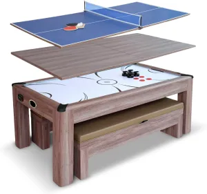 Hathaway Driftwood 7 Ft Air Hockey Table for Home Game Room - with Table Tennis Top, Dining Surface, Electronic Scorer, Two Storage Benches, High-Output Blower, Strikers & Pucks - Driftwood Finish
