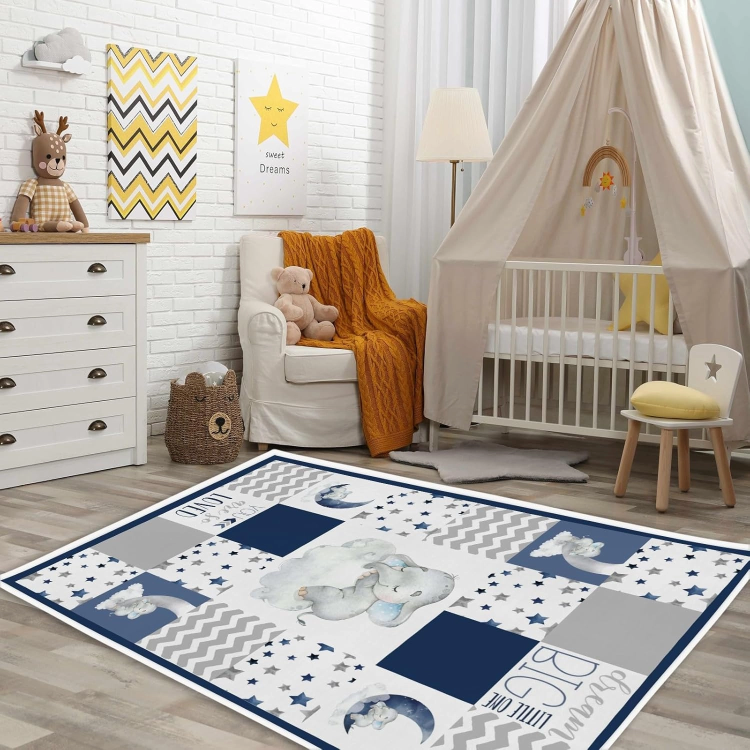 HawSkgFub Baby Toddler Boy Sleeping Elephant Dream Big Leaf Playroom Area Rug, Navy Blue Gray You are So Loved Star Cloud Non Slip Nursery Play Mat Carpet, Kids Bedroom Living Room Classroom Decor