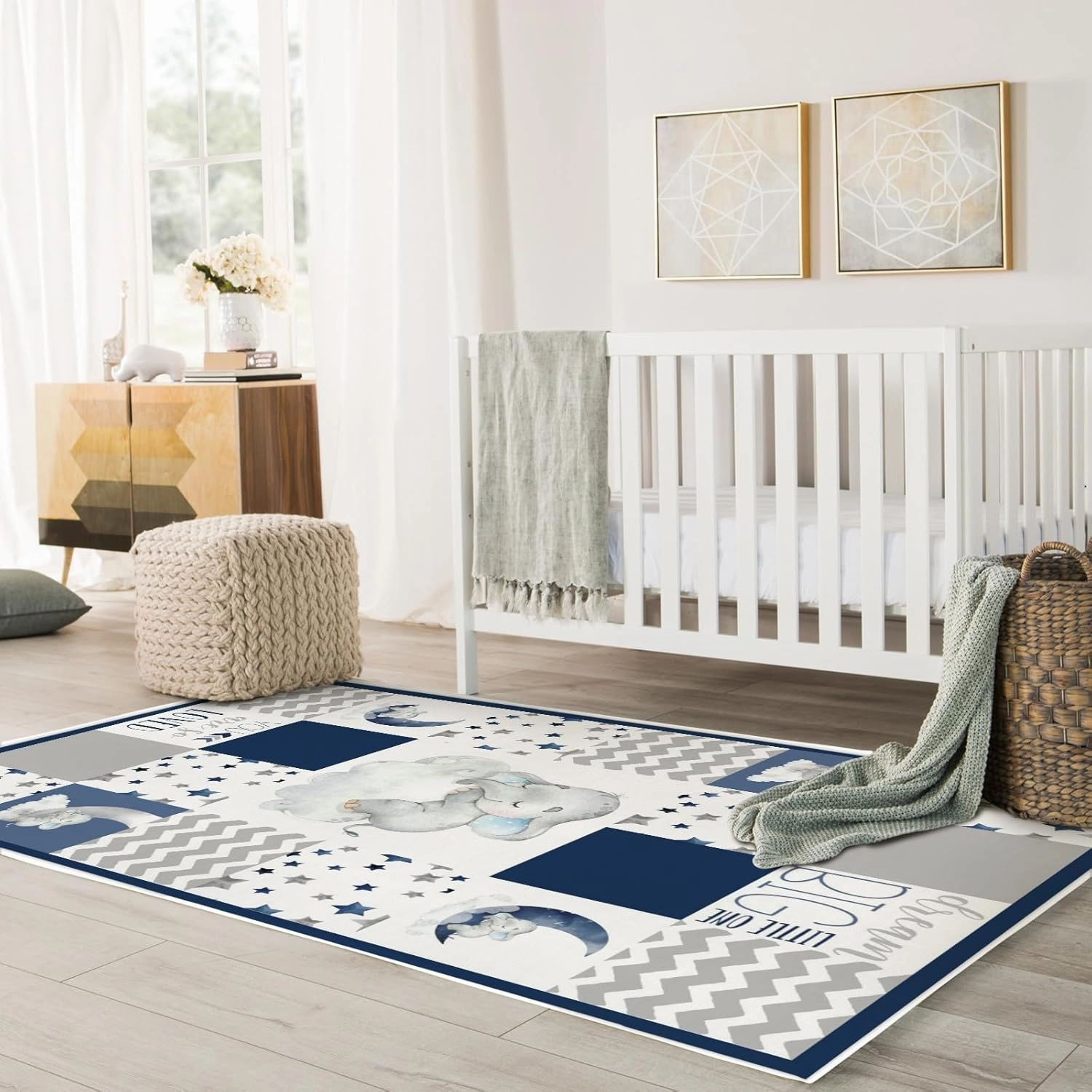 HawSkgFub Baby Toddler Boy Sleeping Elephant Dream Big Leaf Playroom Area Rug, Navy Blue Gray You are So Loved Star Cloud Non Slip Nursery Play Mat Carpet, Kids Bedroom Living Room Classroom Decor