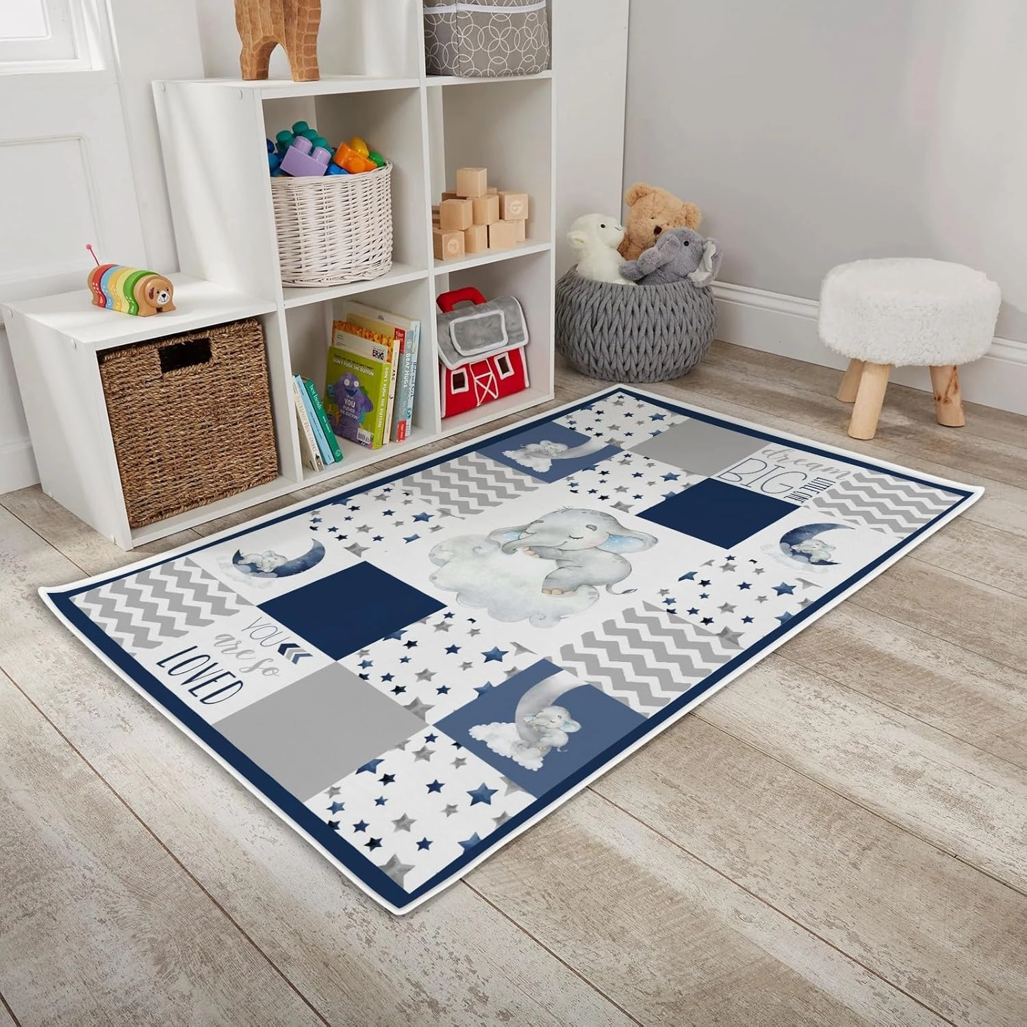 HawSkgFub Baby Toddler Boy Sleeping Elephant Dream Big Leaf Playroom Area Rug, Navy Blue Gray You are So Loved Star Cloud Non Slip Nursery Play Mat Carpet, Kids Bedroom Living Room Classroom Decor