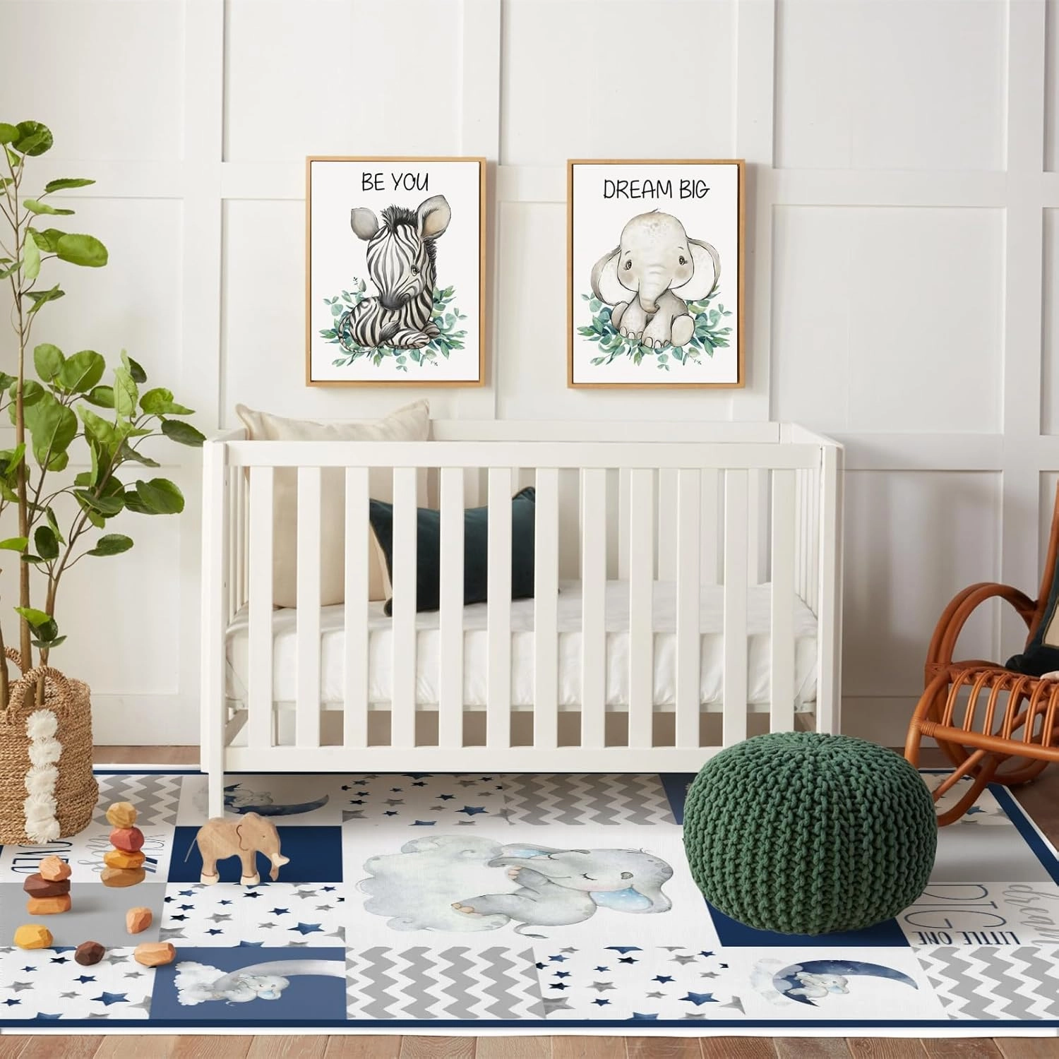 HawSkgFub Baby Toddler Boy Sleeping Elephant Dream Big Leaf Playroom Area Rug, Navy Blue Gray You are So Loved Star Cloud Non Slip Nursery Play Mat Carpet, Kids Bedroom Living Room Classroom Decor