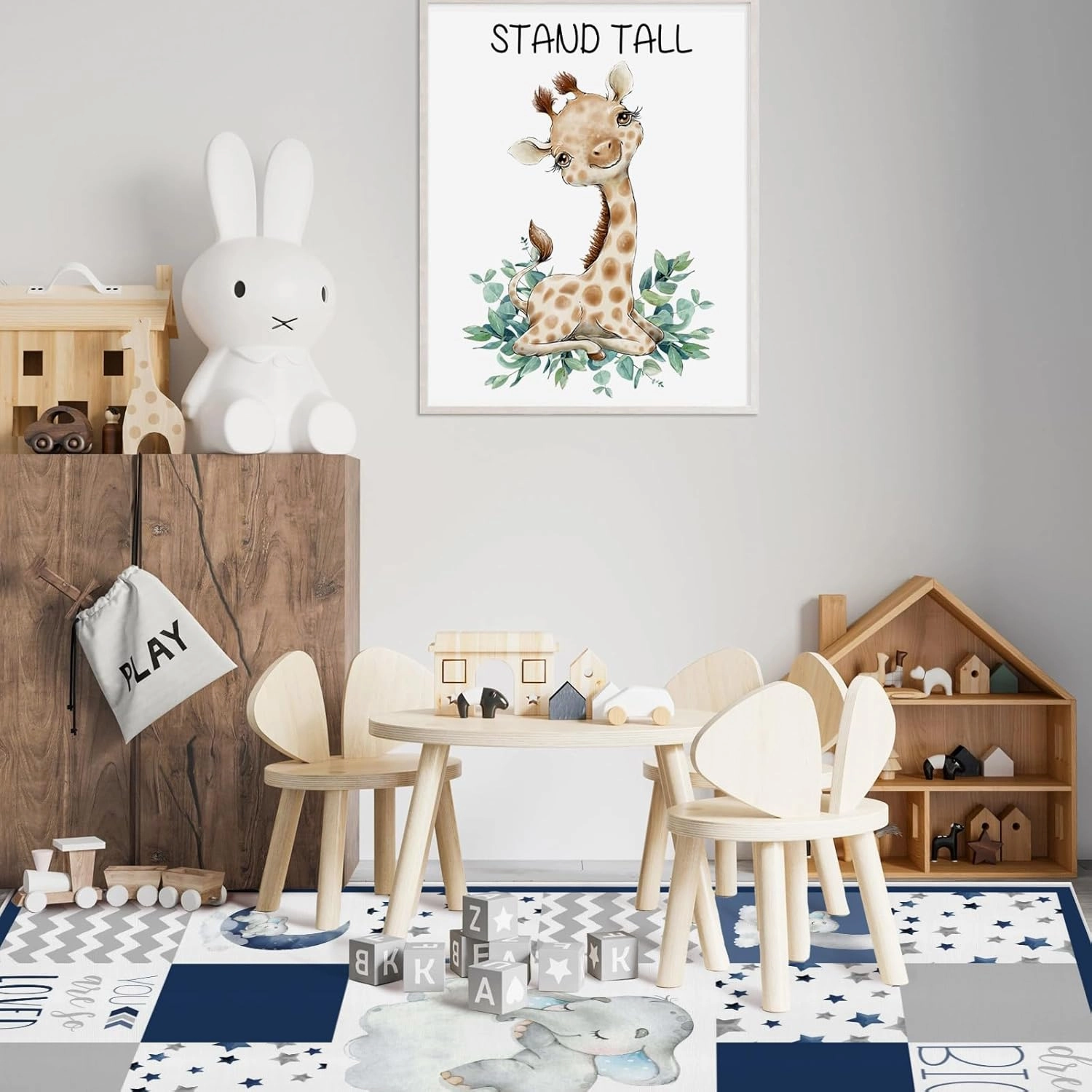 HawSkgFub Baby Toddler Boy Sleeping Elephant Dream Big Leaf Playroom Area Rug, Navy Blue Gray You are So Loved Star Cloud Non Slip Nursery Play Mat Carpet, Kids Bedroom Living Room Classroom Decor