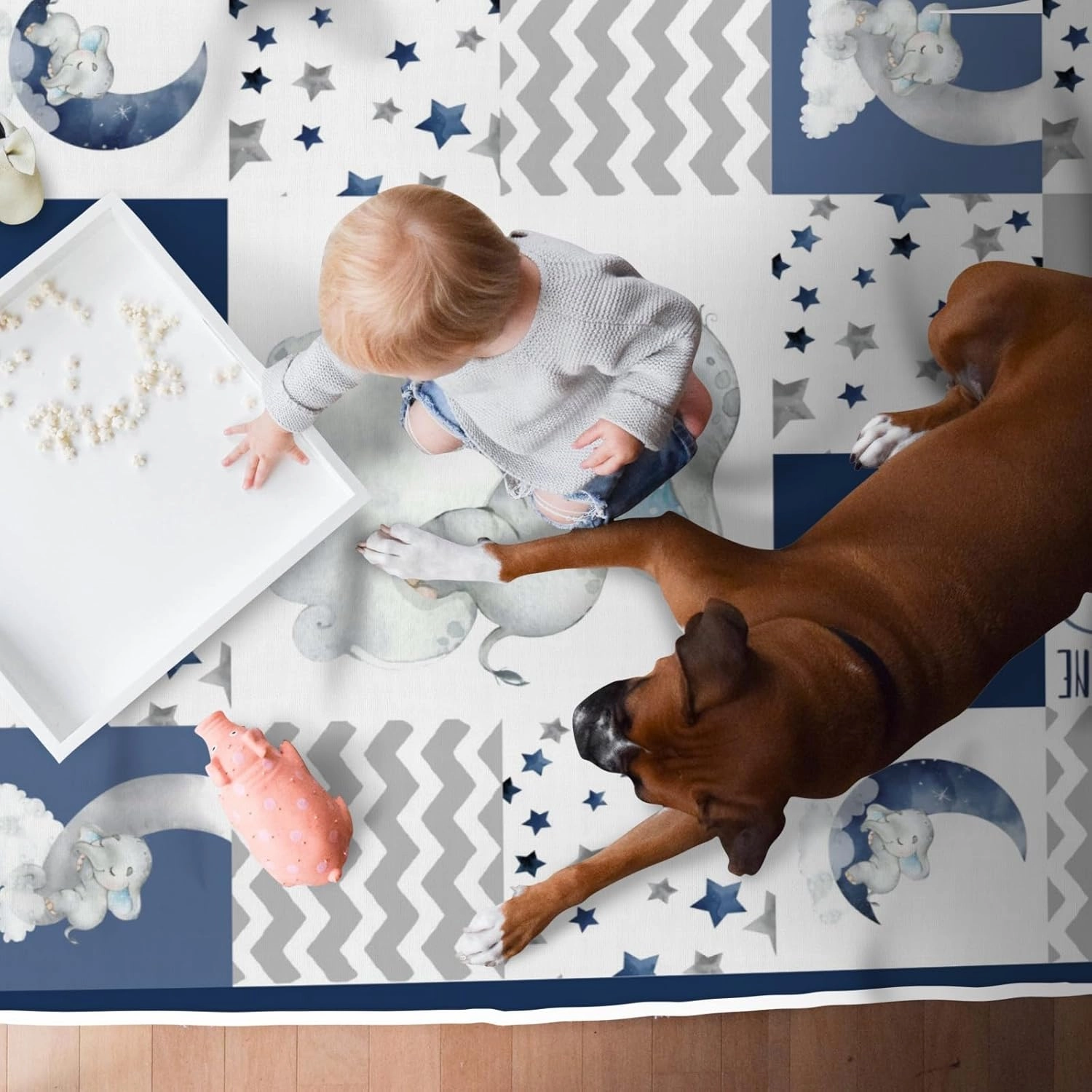 HawSkgFub Baby Toddler Boy Sleeping Elephant Dream Big Leaf Playroom Area Rug, Navy Blue Gray You are So Loved Star Cloud Non Slip Nursery Play Mat Carpet, Kids Bedroom Living Room Classroom Decor