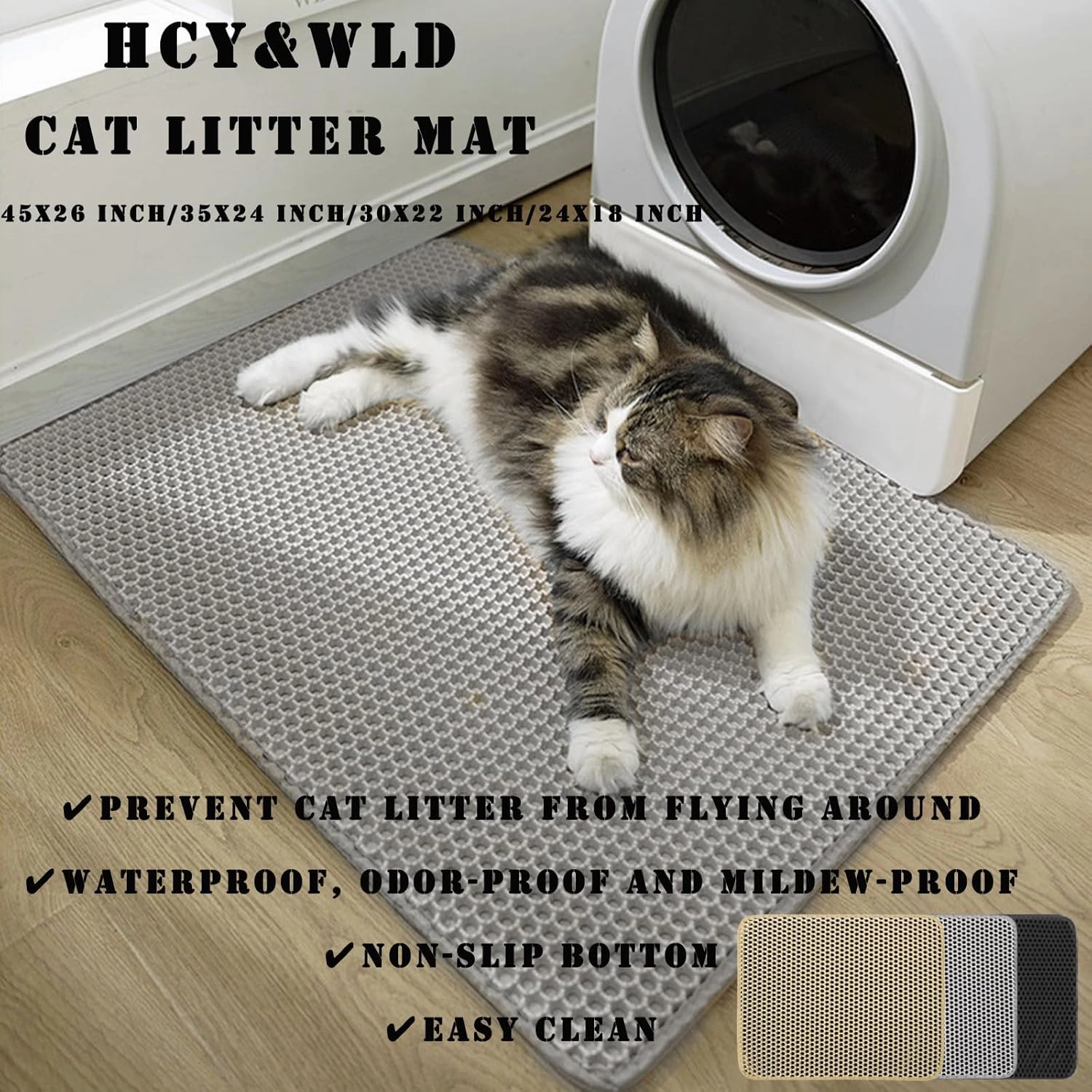HCY&WLD Cat Litter Mat, 45x26 Inch Extra Large&Long Double Layer Cat Litter Box Mat, EVA Non-Slip, Waterproof Urine Proof Litter Trapping Mat, Easy Clean Scatter Control (45x26 Inch, Gray)
