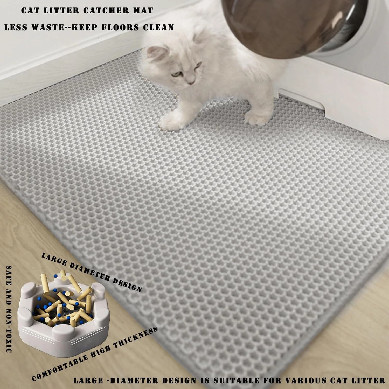 HCY&WLD Cat Litter Mat, 45x26 Inch Extra Large&Long Double Layer Cat Litter Box Mat, EVA Non-Slip, Waterproof Urine Proof Litter Trapping Mat, Easy Clean Scatter Control (45x26 Inch, Gray)