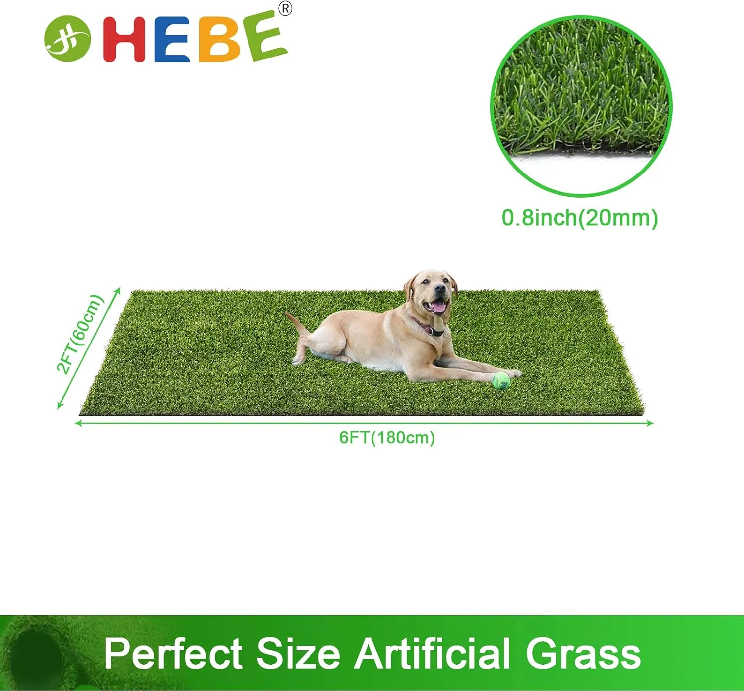 HEBE Artificial Turf Rug,2'x6', Grass Mat with Drainage Hole, Reusable Grass Turf Mat Pee Pad for Dog Potty Training Indoor Outdoor Use