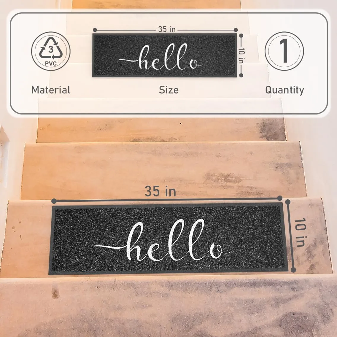 Hello Non Slip Doormat for Outdoor Steps - 35'' x 10'' - Water Resistant, Decorative Step Mat for Stairs - Rubber Treads in Black