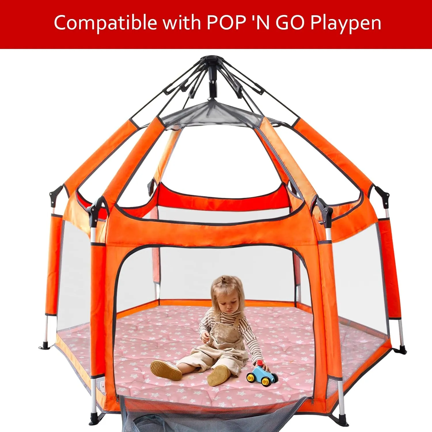 Hexagon Playpen Mat Fits POP 'N GO Baby Playpen, 59 Inch Hexagon Playpen Mattress Pad, Non Slip and Cushion Play Mat Pink with Star Print