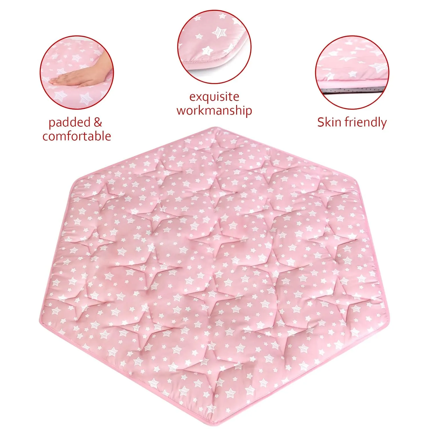 Hexagon Playpen Mat Fits POP 'N GO Baby Playpen, 59 Inch Hexagon Playpen Mattress Pad, Non Slip and Cushion Play Mat Pink with Star Print