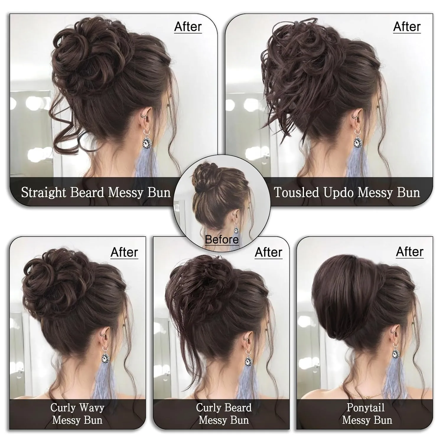 HMD 5 Pieces Messy Hair Bun Hairpiece Tousled Updo for Women Hair Extension Ponytail Scrunchies with Elastic Rubber Band Long Updo Messy Hairpiece Hair Accessories Set for Women（1B/30）